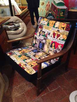wooden armchair with comic seat